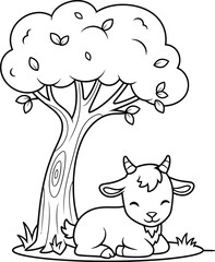 Goat Resting Under Tree - Black and White Line Art Illustration for Farm, Kids, or Nature Designs