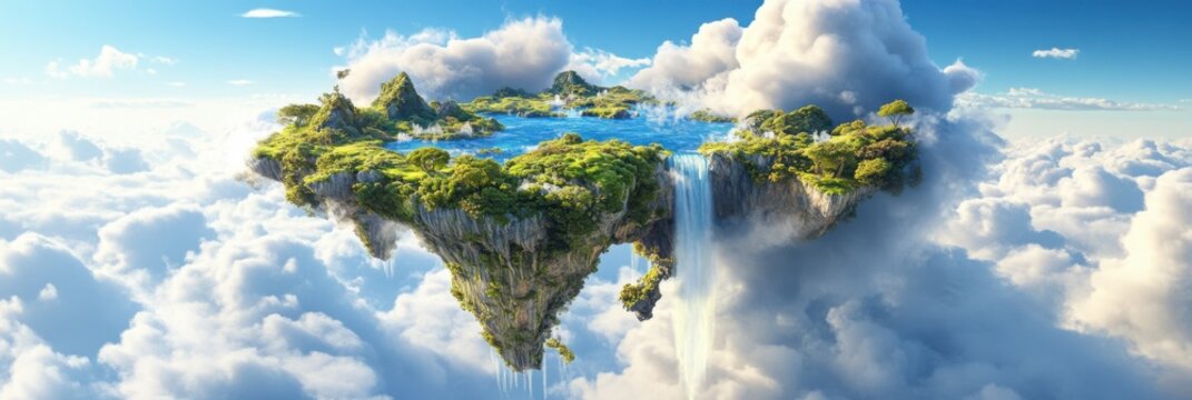 Magical 3d floating island chain above clouds with lush terrain and waterfalls. 3D landscape scenery