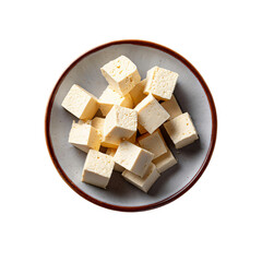 Fototapeta premium White firm tofu cubes cubes on a plate for hot pot isolated die-cut 