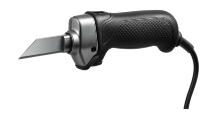 Durable electric utility knife with a straight blade for precise drywall cutting.