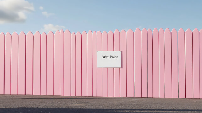 Caution: Fresh Paint! A whimsical pink fence under a bright blue sky. Sign warns of wet paint. Stay back and admire the vibrant color. - Powered by Adobe