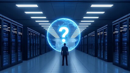 A businessman standing in a modern data center aisle confronts a large glowing blue holographic sphere with a question mark - Powered by Adobe