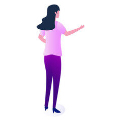 Woman Facing Away With Dark Hair Wearing A Light Pink T Shirt And Dark Purple Pants With A Small Blue Oval Base Standing In A White Background