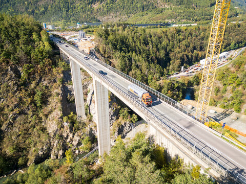 Ponte Riga near Varna and the A22, with the famous Brenner Base Tunnel construction site in the background, merging engineering and Alpine scenery.