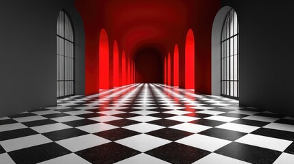 Red and black checkered floor hallway with arched windows and doors.