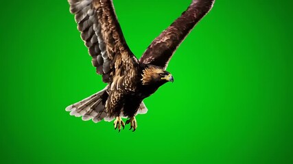 Golden eagle soaring against a vibrant green background.