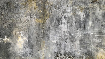 High-resolution full-frame texture of an ancient, heavily stained concrete wall featuring weathered gray, white, and yellow-brown mottled paint or stucco surface. Abstract concept