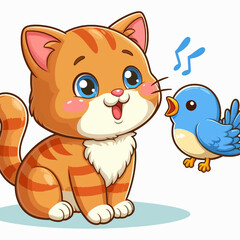 Naklejka premium A cute cartoon ginger tabby kitten with blue eyes is sitting and looking at a small blue bird.