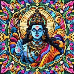 Obraz premium Vibrant Stained Glass Depiction of Lord Rama with a Halo and Ornate Crown, Holding a Staff.