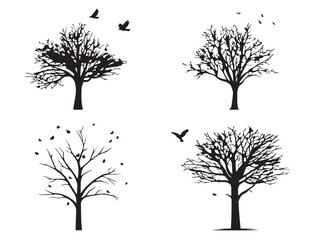 Obraz premium Beautiful Tree Silhouette with Birds in Vector Line Art Style