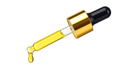 A close-up, isolated shot of a glass dropper with a golden cap and a single, amber-colored liquid drop falling