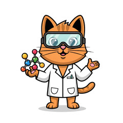 Cartoon tabby cat mascot in a lab coat and goggles holding a molecule, representing scientific discovery and chemistry education