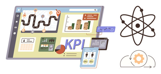Technology dashboard monitoring KPI, charts, financial data, automation gear flow, mobile analysis, atom model. Ideal for analytics, management, strategy optimization automation business growth