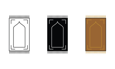 Three minimalist prayer rugs in black, white, and brown, displayed side by side. Simple geometric outline with fringe details, suitable for cultural, religious, or decorative design concepts.
