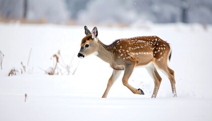 Fawn Running Through Snow.