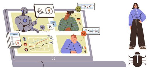 AI robot teaching students via an online platform, with exam charts, feedback, and bug detection tools. Ideal for education, technology, AI in learning, virtual class, innovation analytics