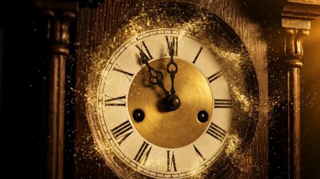Dramatic clock striking midnight, time ticking away, countdown to a new year, vintage timepiece in warm light, suspenseful moment, deadline approaching