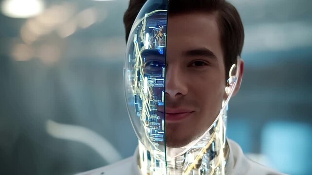 Futuristic close-up of male human with robotic implants and lights. Future science and advanced robotics concept.