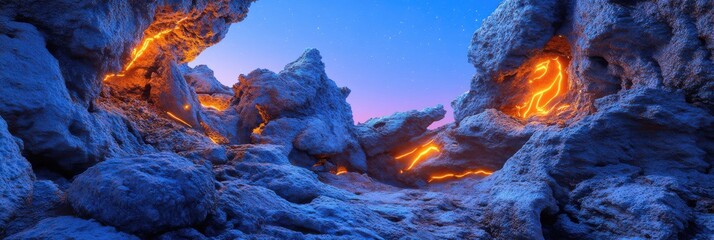 Fototapeta premium Futuristic canyon with glowing veins of light embedded in cracked rock walls under a dramatic dusk sky. 3D landscape scenery