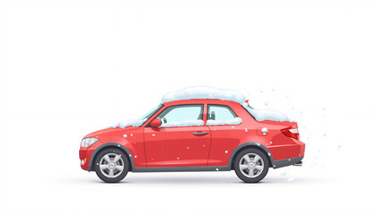 Red car covered in snow isolated on white background  