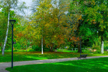 Autumn Park with Lamp and Bench