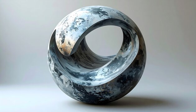 A 3D-rendered, metallic sculpture featuring a continuous, looping form with a marbled texture and light, elegant reflections