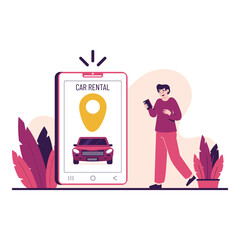 Man Using Mobile Phone With Car Sharing App Displaying Car Location And Red Car Icon On Screen With Plants And Light Orange Background