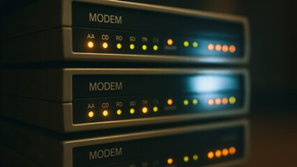 A close-up shot showcasing the intricate details of multiple modem devices stacked. The devices are illuminated, and a play of light adds depth. 