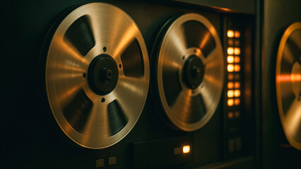 A close-up shot of a vintage reel-to-reel tape recorder with glowing golden tape reels, exuding nostalgia for a bygone era of audio recording technology.