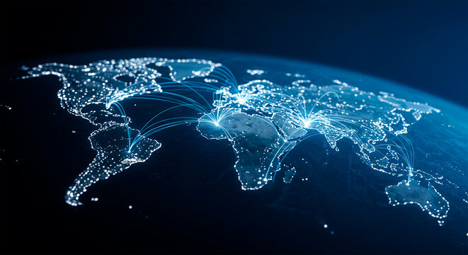 Illuminated 3D world map with connecting lines