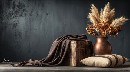 Rustic Still Life with Pampas Grass, Wooden Box, and Linen