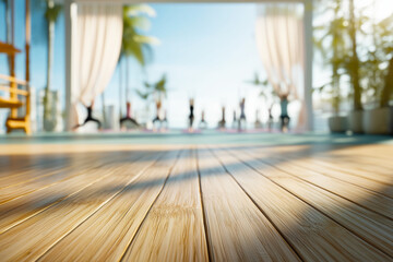 Fototapeta premium Bright blurred yoga studio background with bamboo floor and sunlight filtering through curtains, tropical lifestyle wellness concept