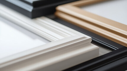 A close-up studio shot showcases the corners of picture frames in white, black, and wood finishes, creating a visually appealing composition.