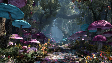 Fantasy forest with giant colorful mushrooms and glowing light