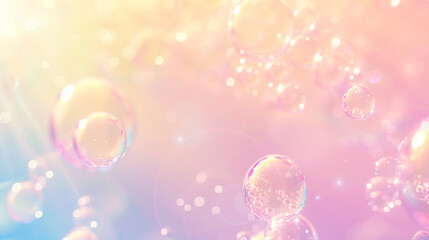 A vibrant abstract background featuring numerous transparent bubbles and soft bokeh lights. Soft gradient tones with iridescent textures and glowing highlights create a dreamy, whimsical feel. Perf