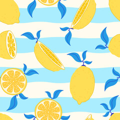 Obraz premium Seamless pattern with lemons, lemon wedges, slices on a striped turquoise background. Bright Mediterranean citrus design in a flat style.