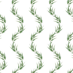 Hand drawn watercolor spring branches green leaves. Seamless pattern on white background. Design for wallpaper, wedding, print, fabric, textile, card.