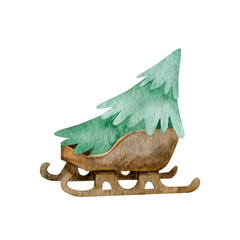 Watercolor pine tree in a sleigh illustration isolated white background.  Floral clipart Christmas style for celebration invitations, postcards, greetings design. © Lena