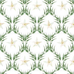 Watercolor seamless pattern with art ornamental leaves and white flowers. Floral cover design on white background.