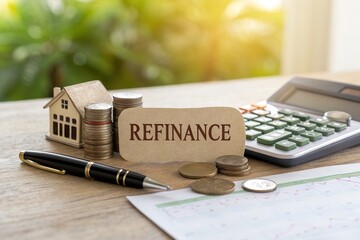 A close-up view of a refinance concept with a house model, coins, calculator, and financial documents