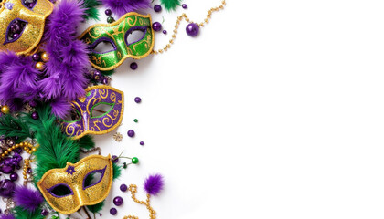 Colorful Mardi Gras masks and decorations on white background  , copy space