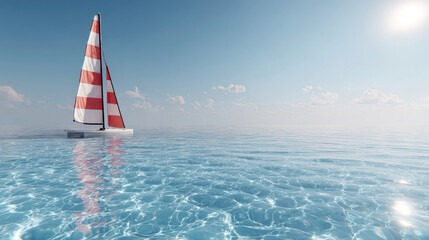 Sailing on Calm Waters: Red and White Striped Sailboat on a Sunny Day