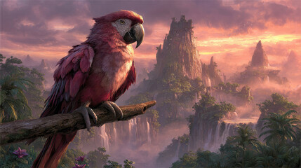 Scarlet Macaw Perched in a Fantasy Landscape at Sunset