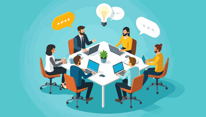 Team brainstorms hybrid work ideas around a table, fostering collaboration and innovation for remote and office-based employees