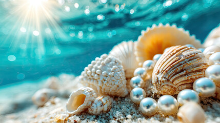 Seashells and pearl necklace on sand underwater with sunbeam, luxury resort concept.