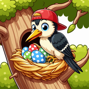 A cute cartoon woodpecker wearing a red baseball cap sits protectively in a nest with colorful Easter eggs.