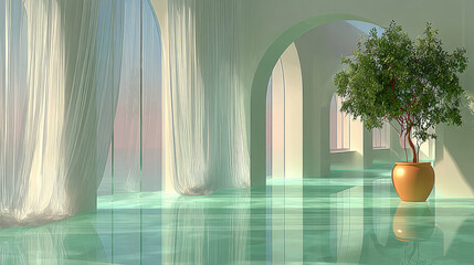 Serene Spa Interior with Arches, Curtains, and Plant