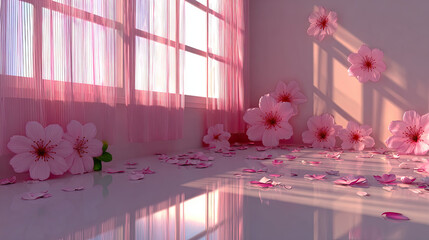 Soft Pink Room with Cherry Blossoms - Dreamy Interior Scene