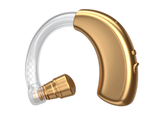  3D Render of Gold Hearing Aid with Clear Earpiece, Curved Profile View, isolated on transparent background