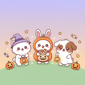 Cute Halloween animals, Cute Halloween illustration featuring adorable cat, bunny, and puppy in costumes holding pumpkin candy bags, pastel background, kawaii style.